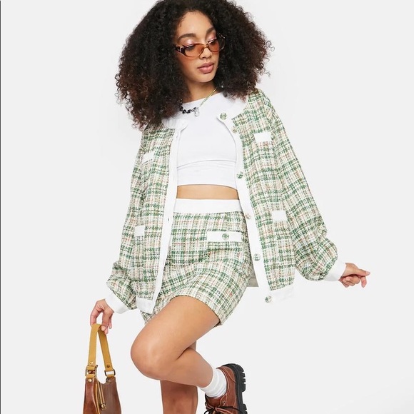 NWT Glamorous Green White Tweed Blazer Jacket - Picture 3 of 10